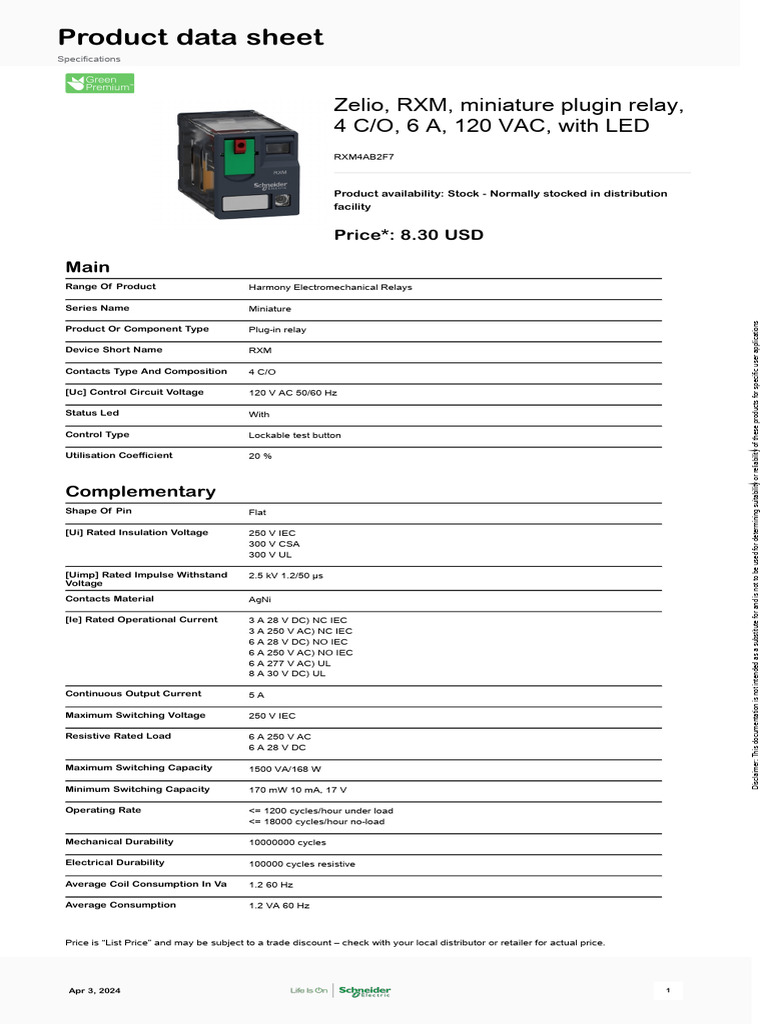 Miniature Plug-in Relay RXM4AB2F7 | PDF | Relay | Technology & Engineering
