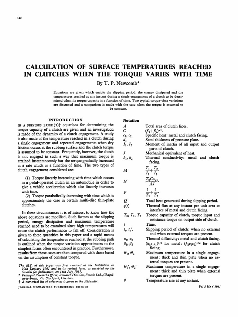 Calculation of Surface Temperatures Reached in Clutches When The Torque ...