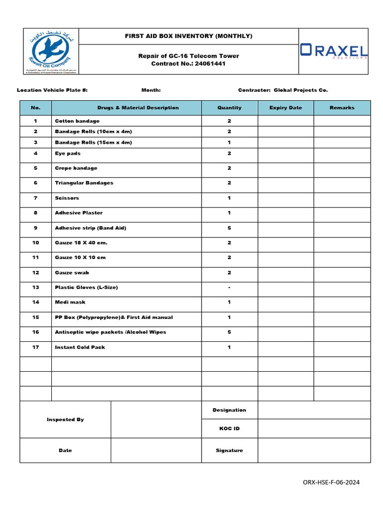 Monthly First Aid Box Inventory | PDF