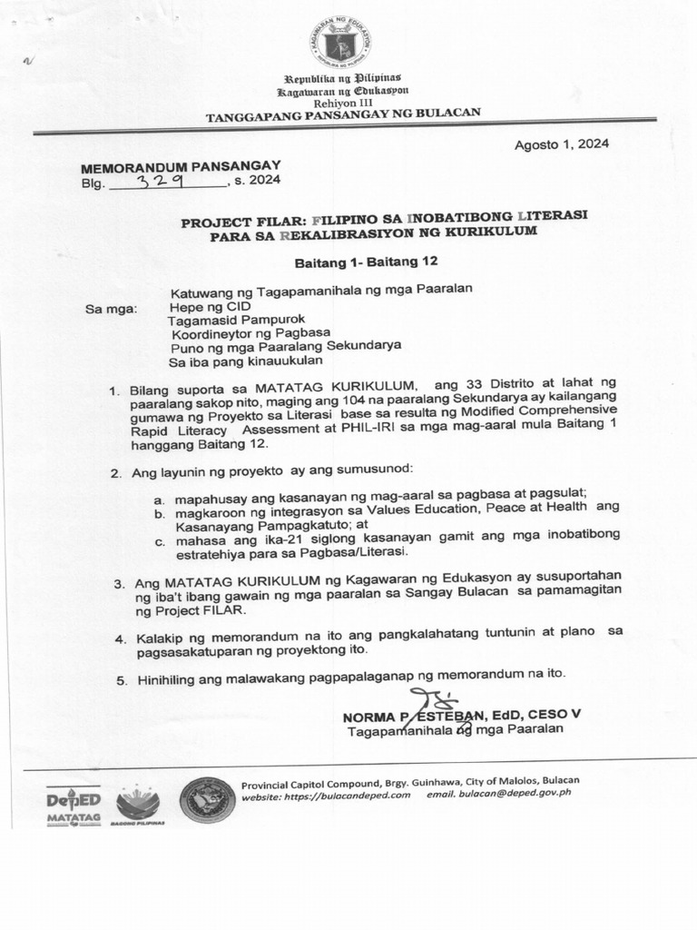 DIVISION MEMORANDUM NO 329 S 2024 Project Filar | PDF