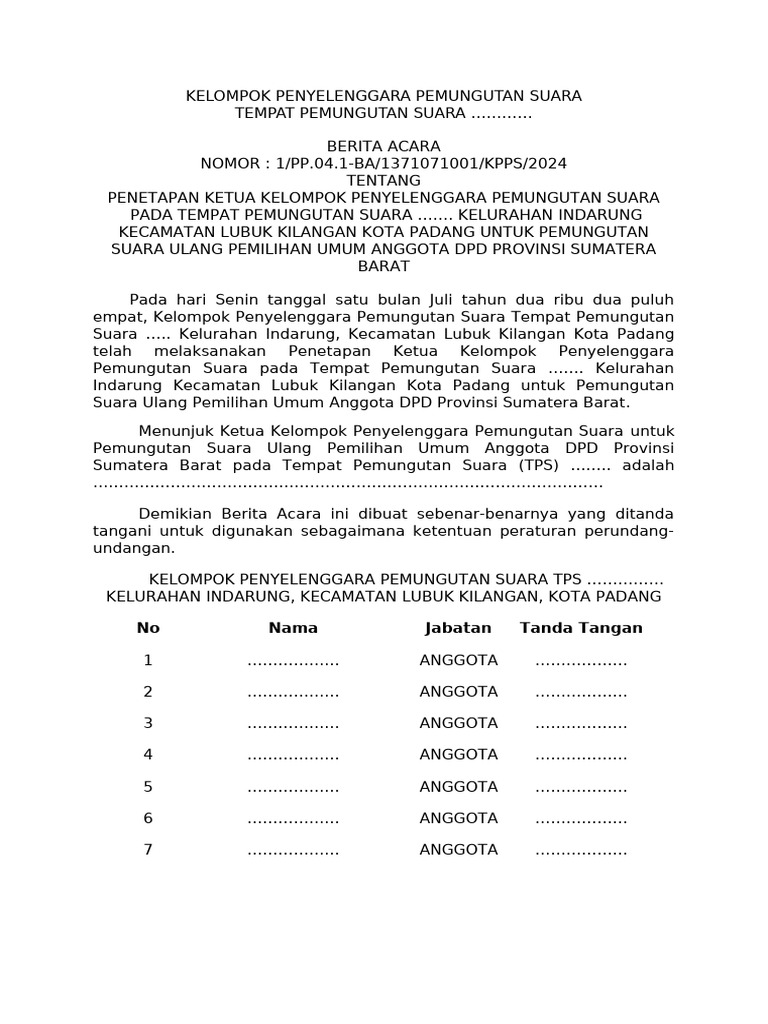 Format Ba KPPS Untuk Penetapan Ketua KPPS | PDF