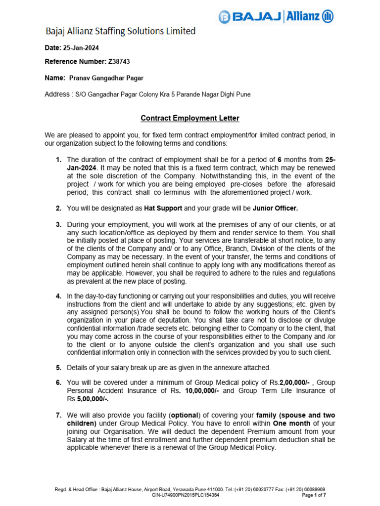 Contract Employment Letter: Date: Reference Number: Z Name | PDF