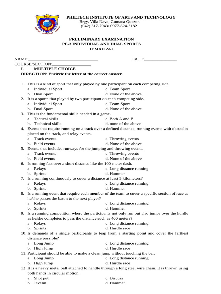 PE 3 - IEMAD 2A1 Individual and Dual Sports | PDF