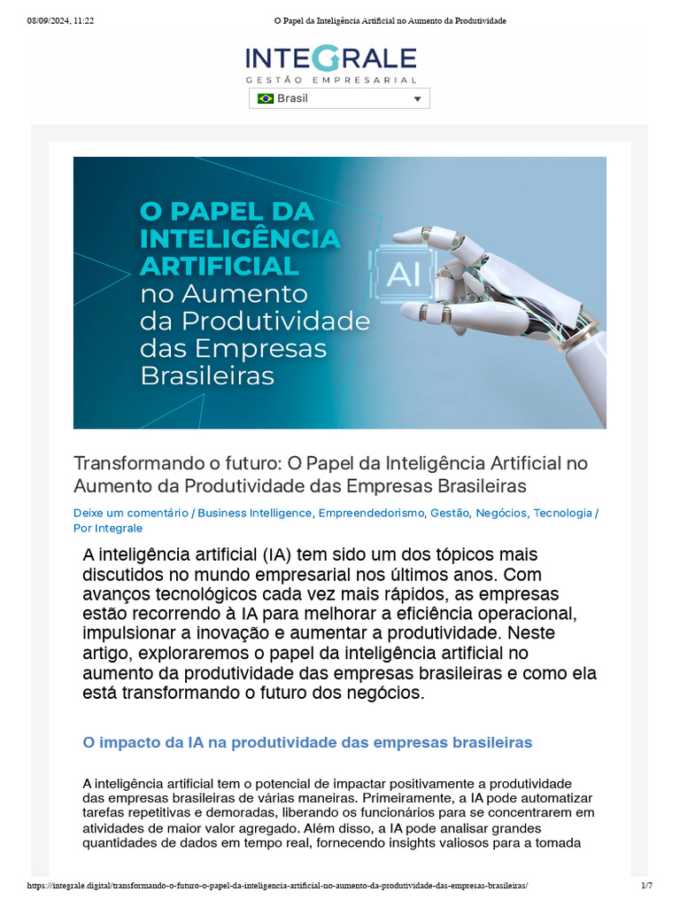 O Papel Da Inteligência Artificial No Aumento Da Produtividade | PDF