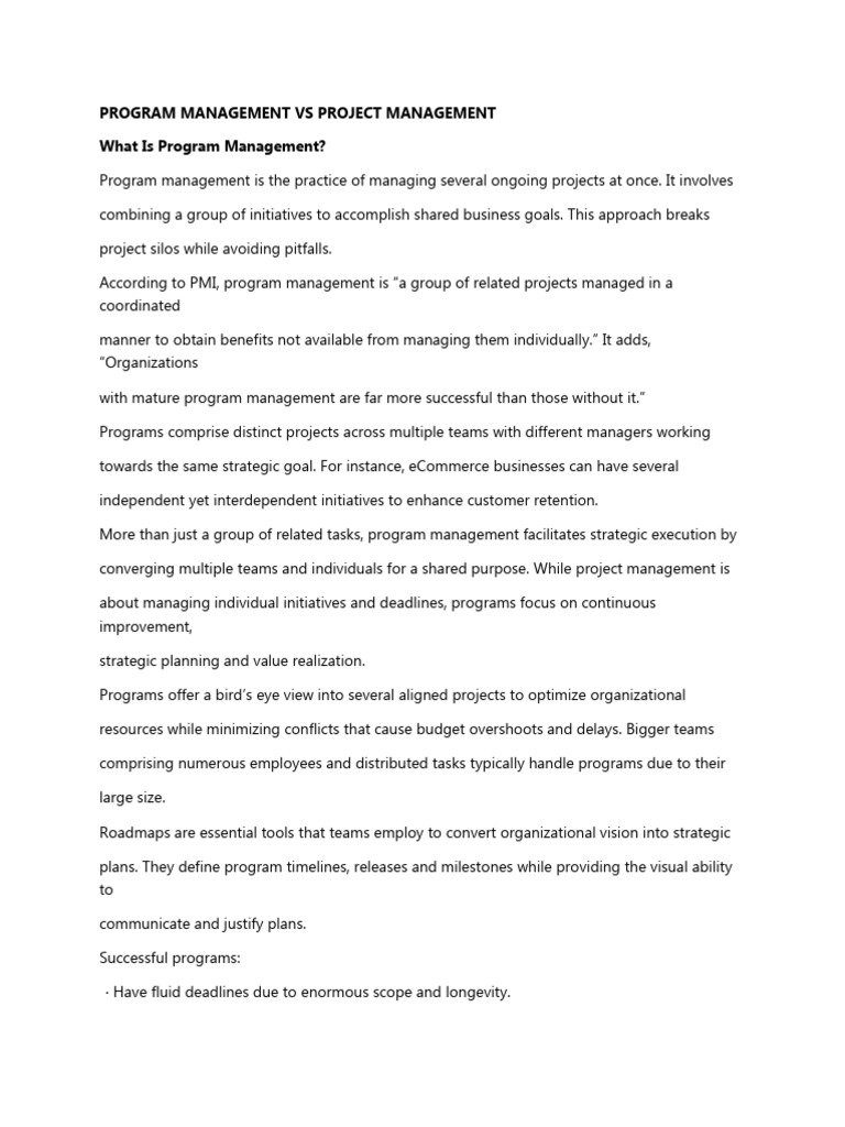 Program Management VS Project Management | PDF | Project Management ...