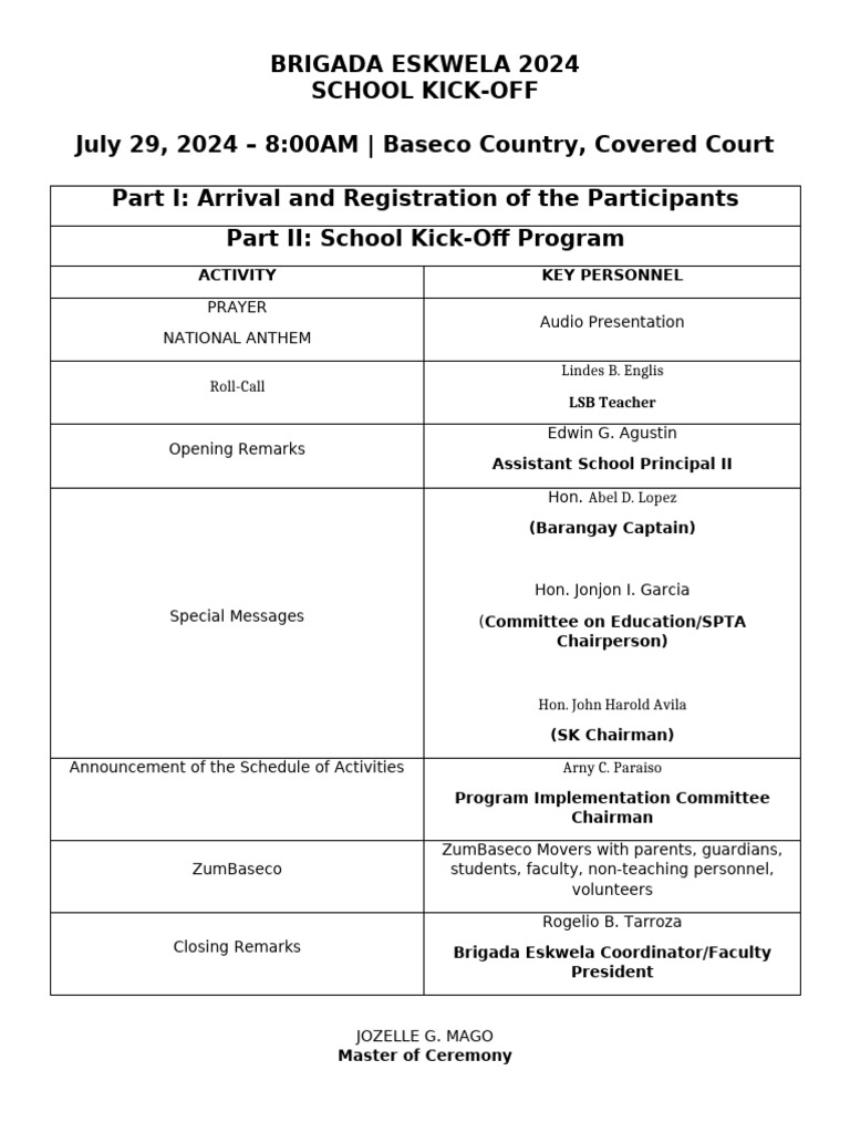 Brigada Eskwela 2024 Kick Off Program | PDF