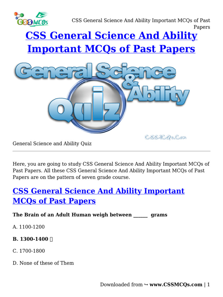 Css general science and ability important mcqs of past papers pdf