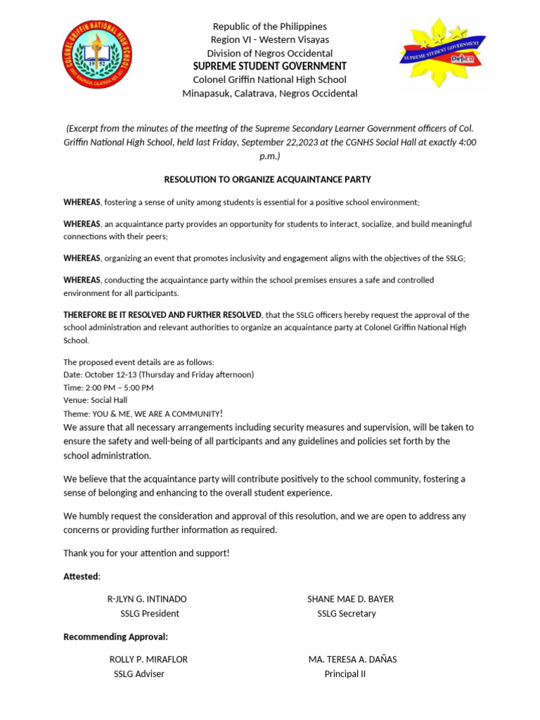 Acquaintance Party Proposal at CGNHS | PDF