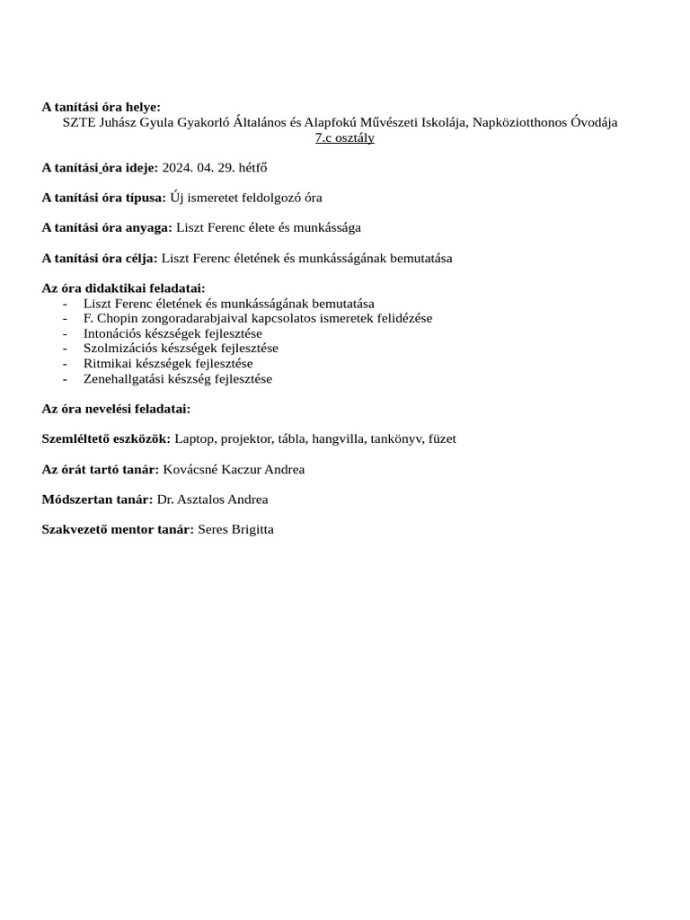 Óraterv Liszt 7c | PDF