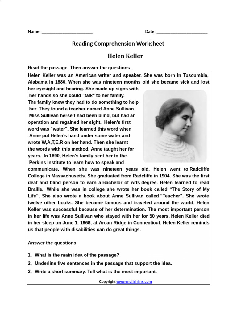 8th Helen Keller | PDF for Free Printable Helen Keller Worksheets
