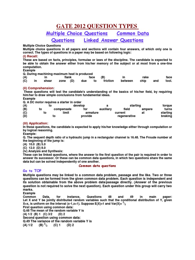 Gate 2012 Question Types: Multiple Choice Questions Common Data ...