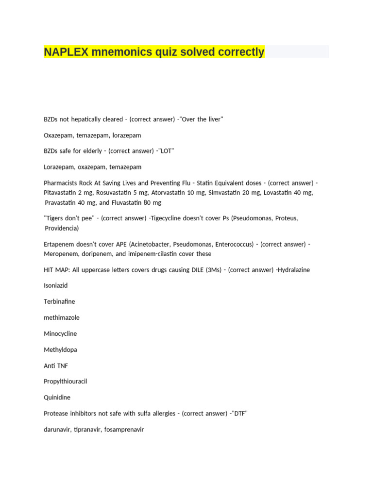 NAPLEX Mnemonics Quiz Solved Correctly | PDF