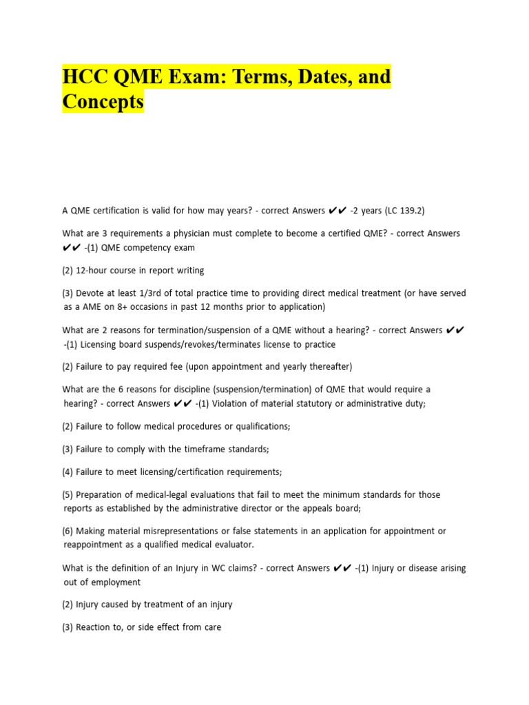 HCC QME Exam Terms, Dates, and Concepts Questions Answers PDF
