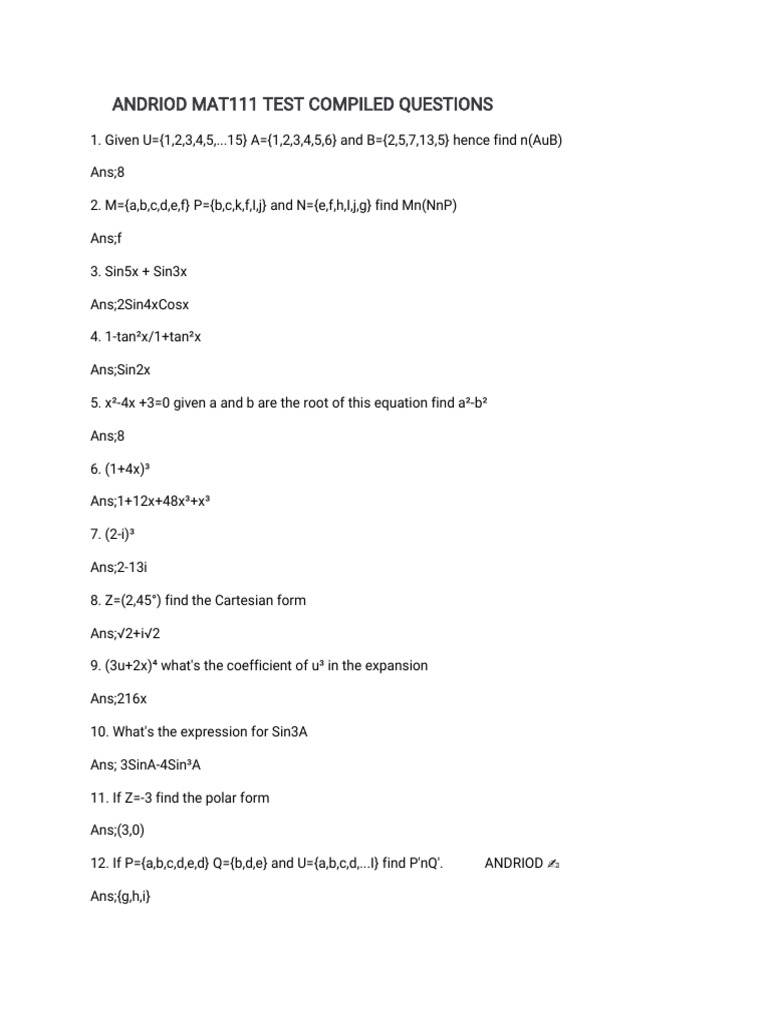 Andriod Mat111 Test Compiled Questions | PDF