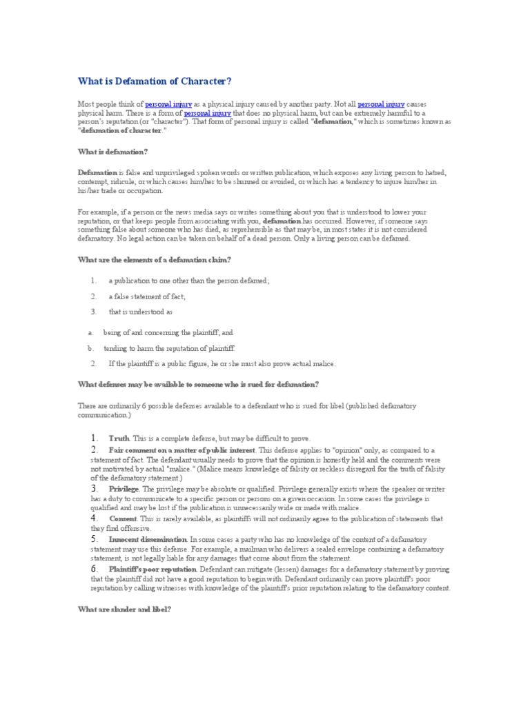 What is Defamation of Character Defamation Justice