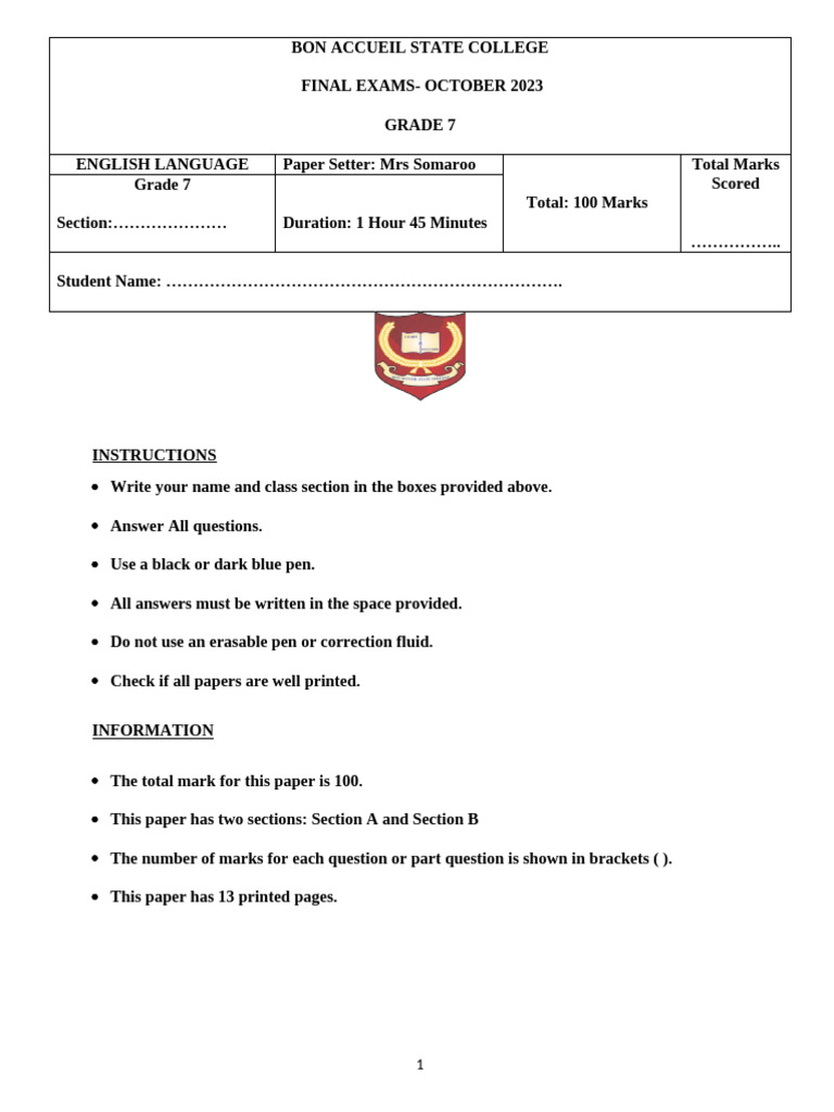 Final Exam 2023 - Grade 7 | PDF