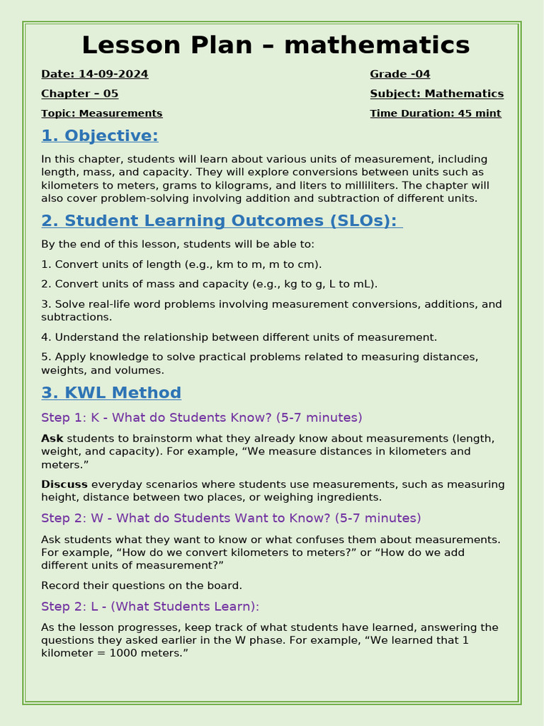 Lesson Plan 1 Math Grade 4 | PDF | Measurement | Teaching Methods ...