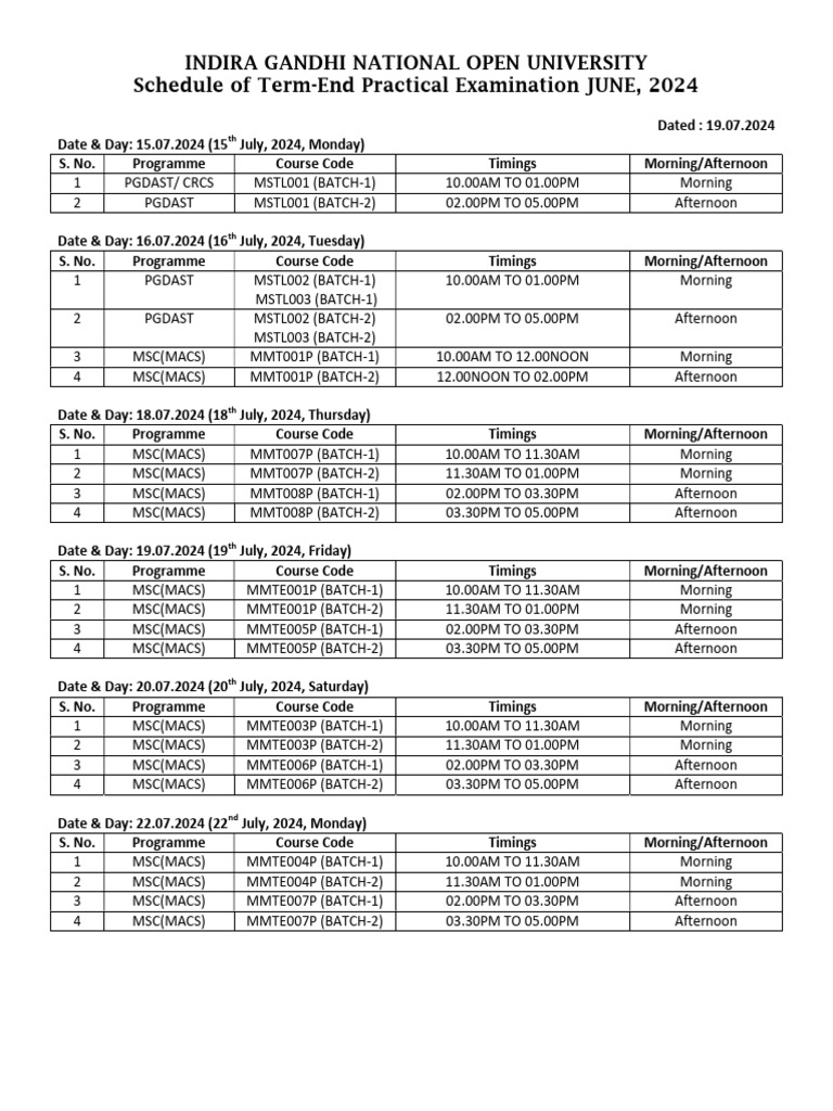 INDIRA GANDHI NATIONAL OPEN UNIVERSITY Schedule of TermEnd Practical