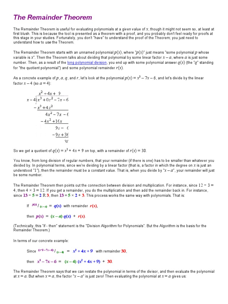 The Remainder Theorem Pdf Polynomial Fraction Mathematics