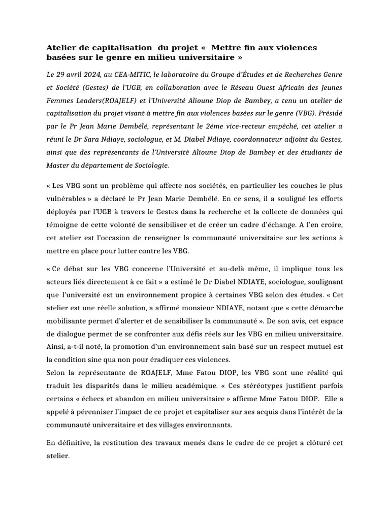 Atelier de Capitalisation Sur Le Projet | PDF