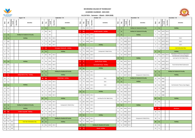 Academic Calendar 2024 Batch UG Sem I | PDF