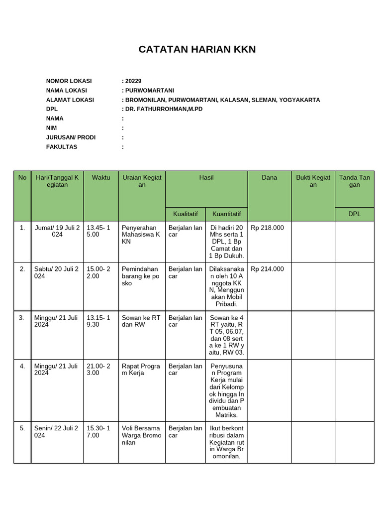 Catatan Harian KKN | PDF