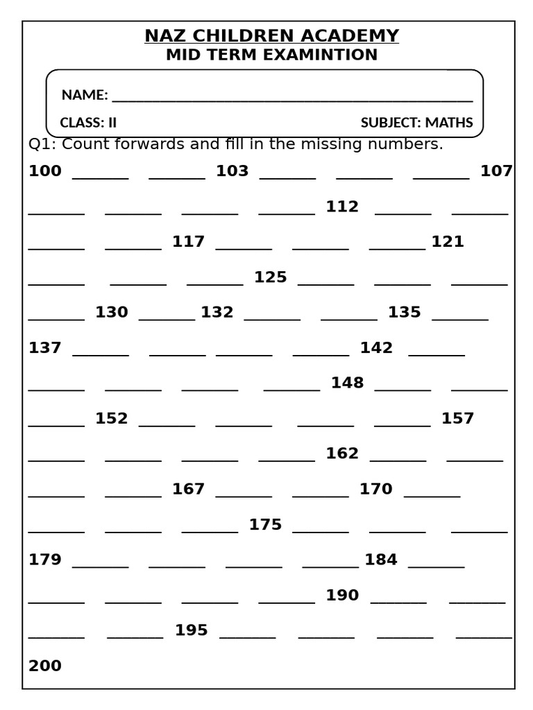 Class 2 Maths Mid Term Exam | PDF