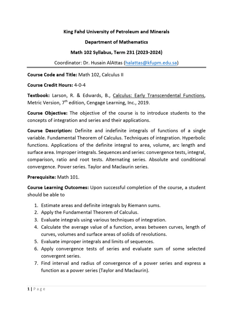 Math 102 Syllabus T231 R1 | PDF