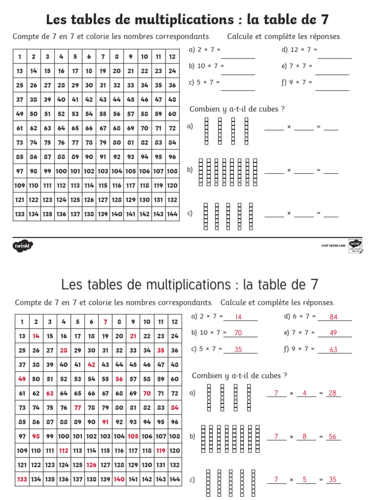 Fiche de Calcul La Table de 7 Les Multiplications Feuille ...