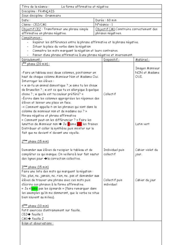 Forme Affirmative Et Négative Cm1 La Forme Affirmative Et Négative | PDF | Phrase | Mécanique du langage