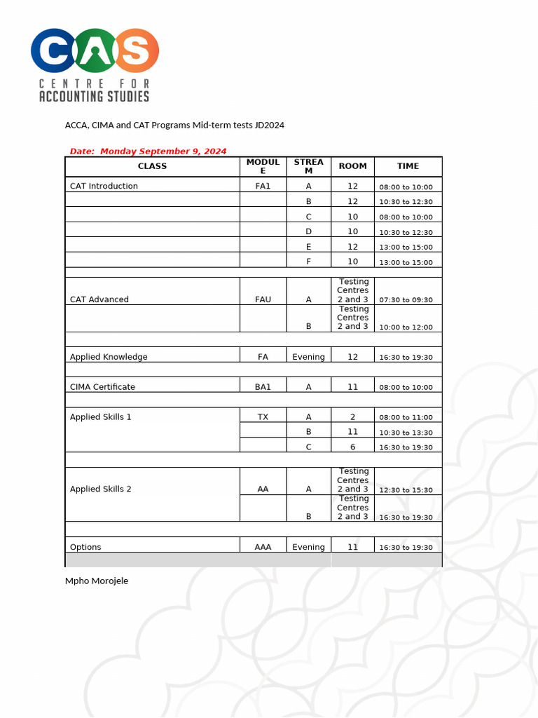Acca cima and cat mid term test time table jd2024 pdf
