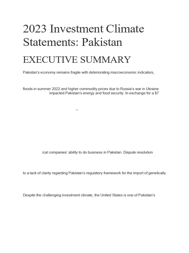 2023 Pakistan Investment Climate Overview | PDF | Arbitration | Finance ...