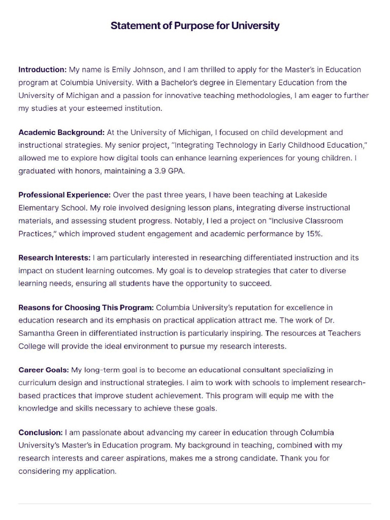 Statement of Purpose For University HTML | PDF