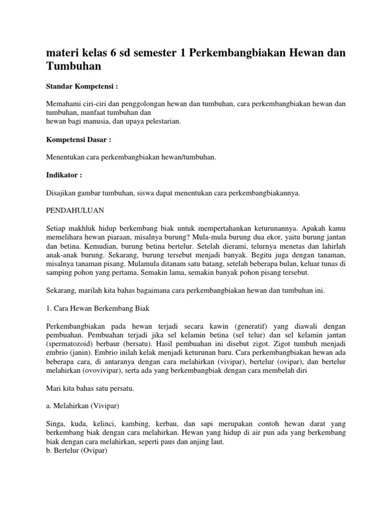 Materi Kelas 6 Sd Semester 1 Perkembangbiakan Hewan Dan Tumbuhan Pdf