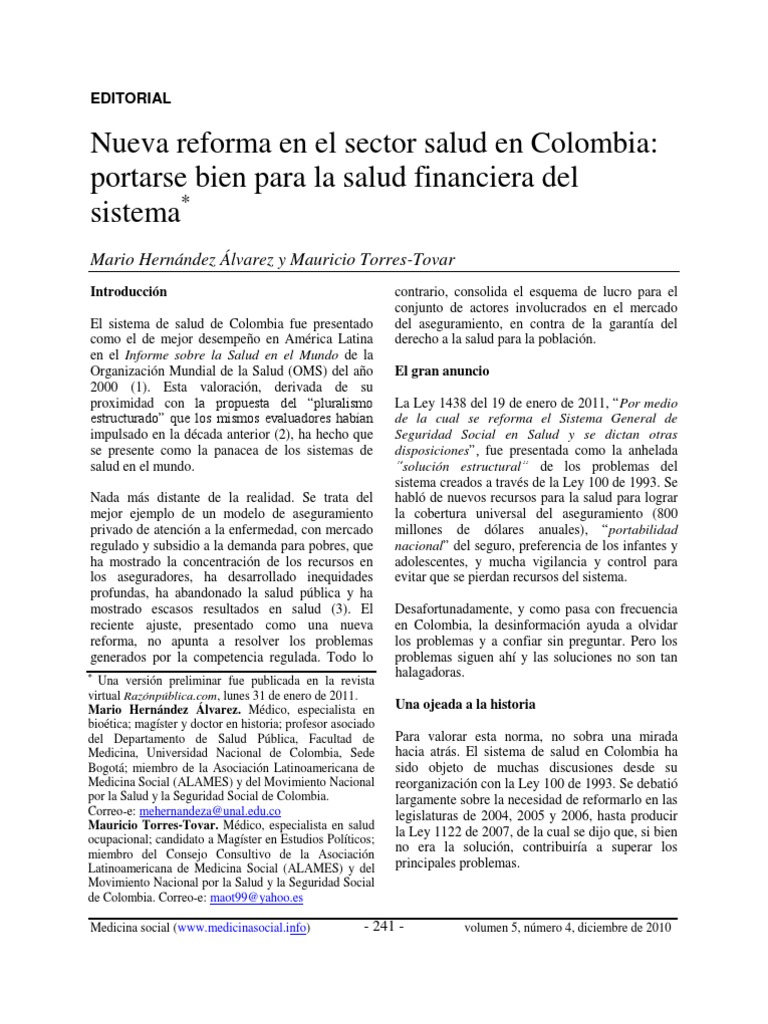 Reforma del Sistema de Salud en Colombia | PDF | Colombia | Gobierno