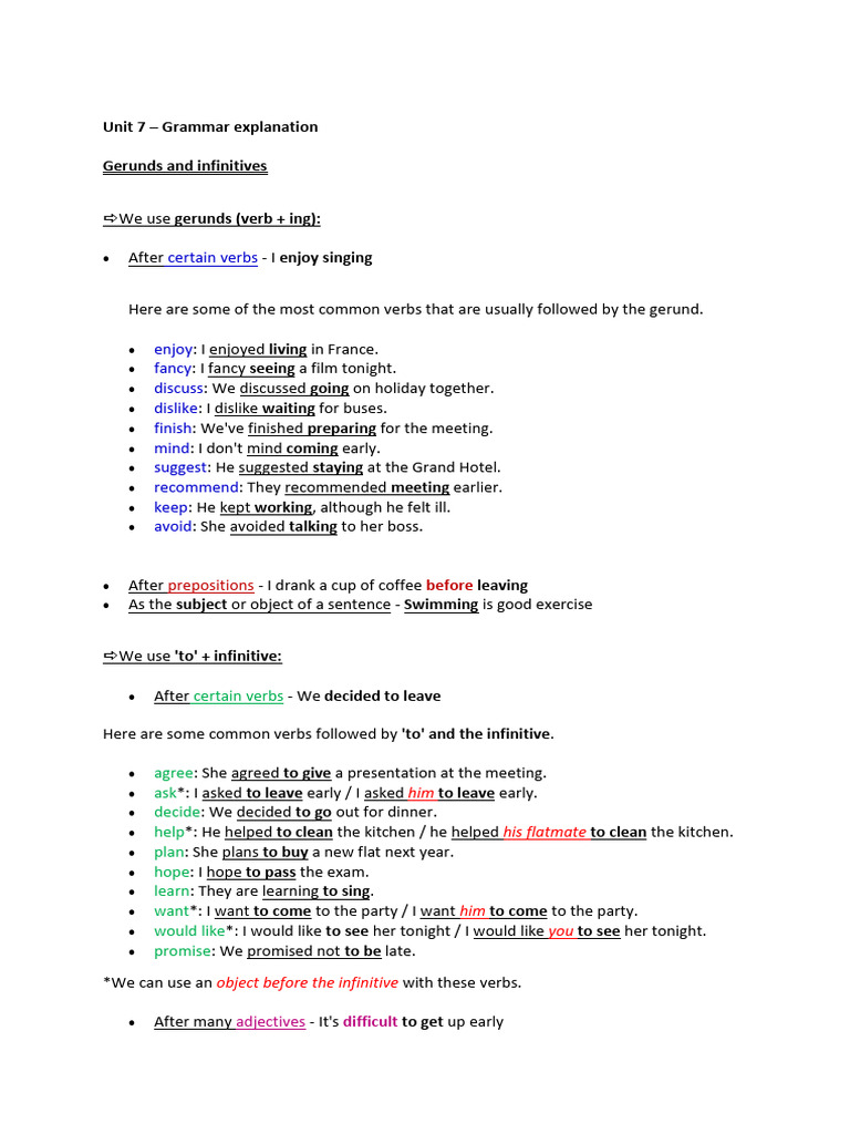 Unit 7 Gerunds and Infinitives, Subject and Object Questions | PDF ...