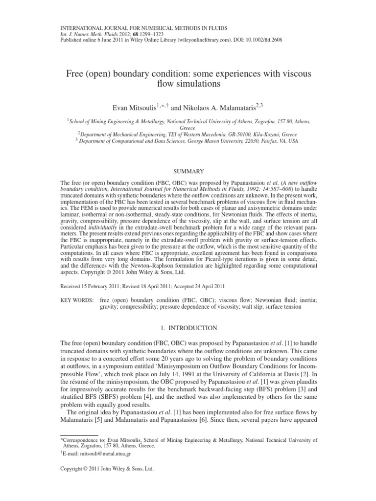 Numerical methods in fluids 2011 mitsoulis free open boundary