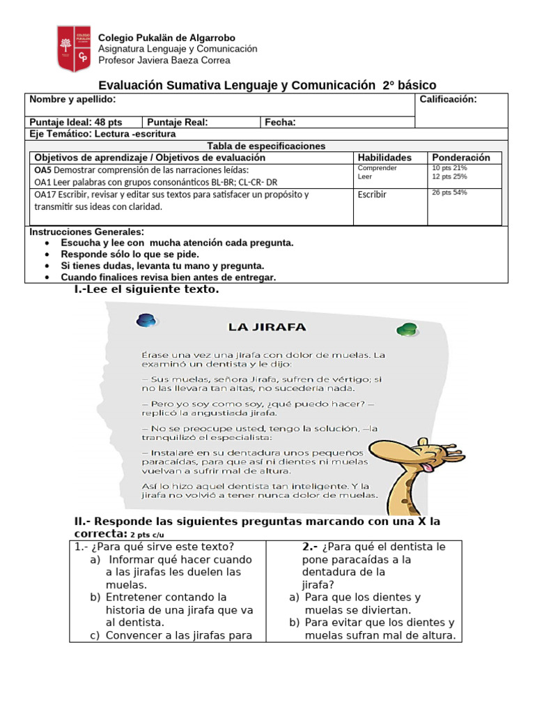 Prueba de Lenguaje 2° Básico ARTÍCULOS | PDF
