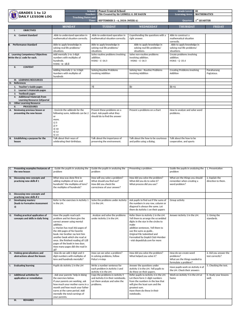 Grade 3 Math Daily Lesson Plan | PDF | Learning | Teachers