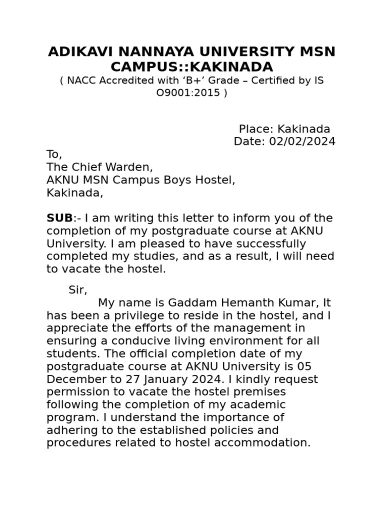 Hostel Vacate Letter to Warden | PDF