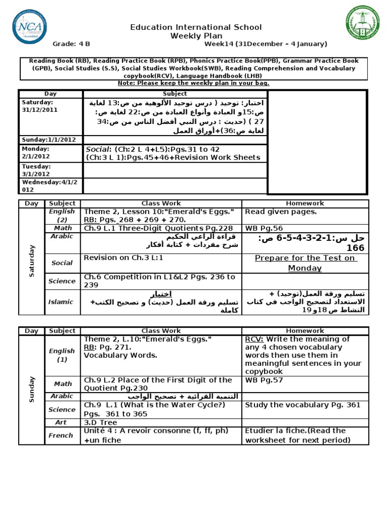 Grade 4B Weekly Education Plan | PDF