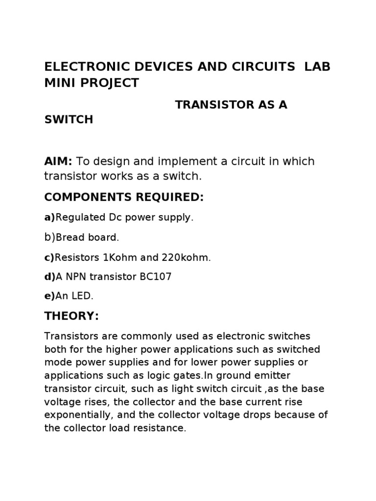 Transistor Switch Lab Guide | PDF | Transistor | Power Supply