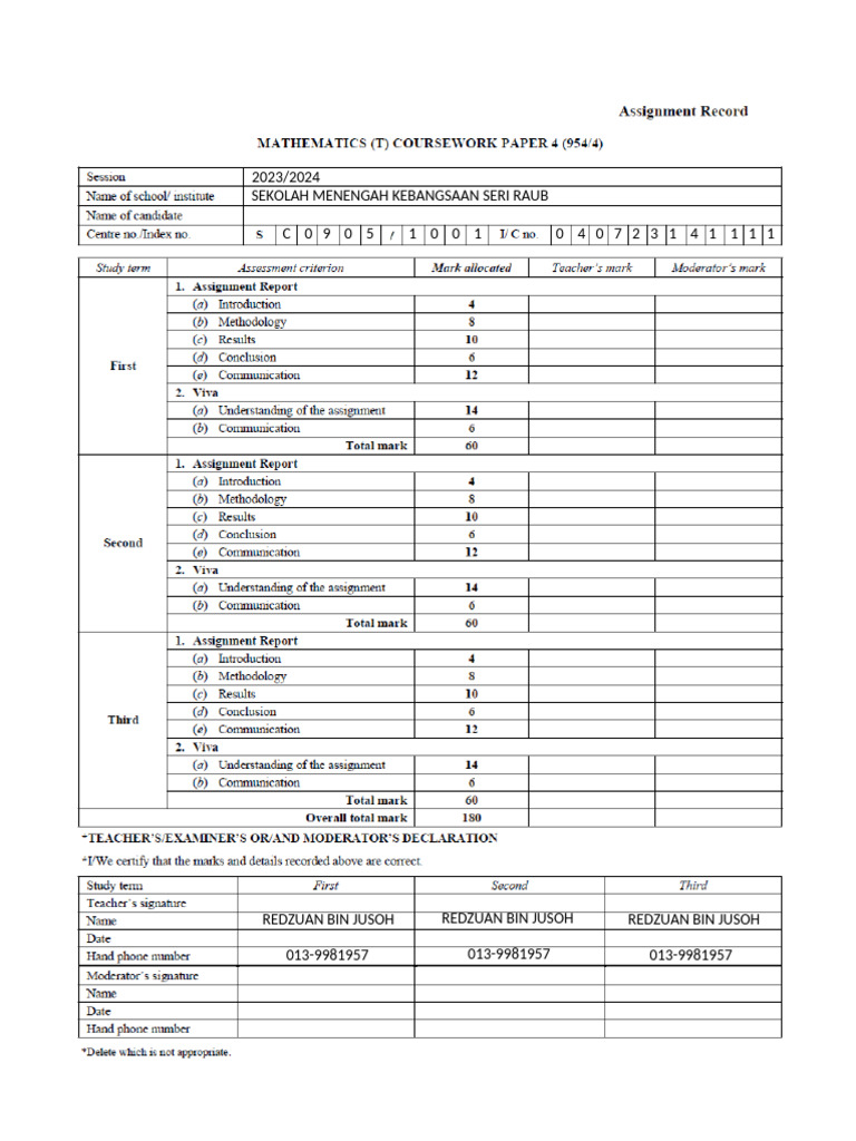 Students Assignment Record Empty Sheet | PDF