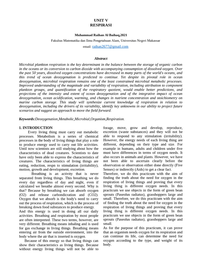 UNIT 5 RESPIRATION - Raihan | PDF | Respiratory System | Science ...