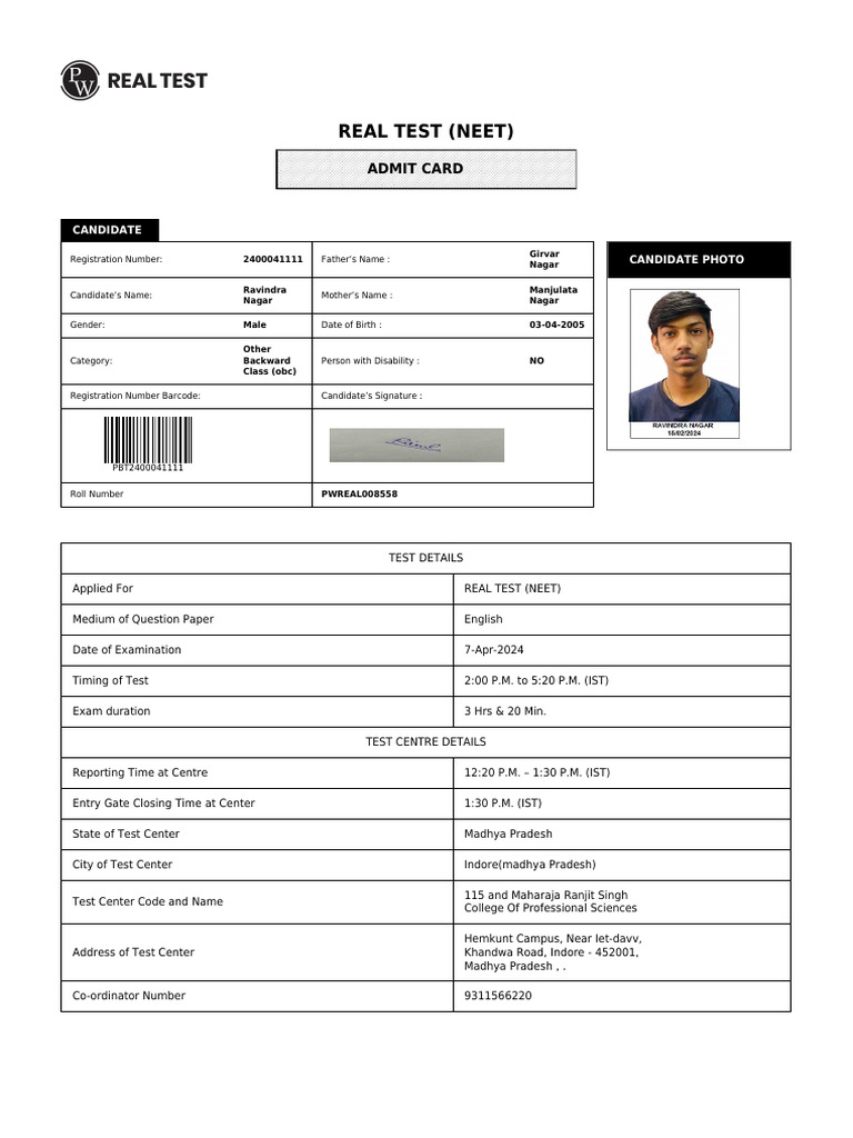 Real Test (Neet) : Admit Card | PDF