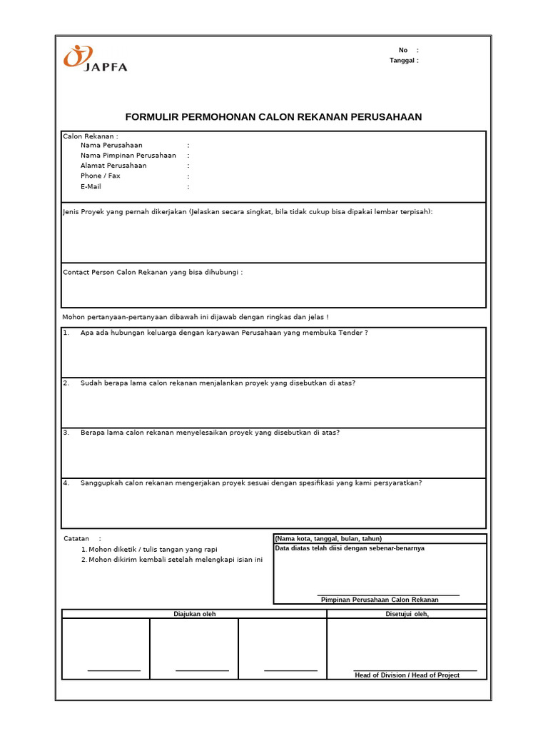 Form Calon Rekanan Perusahaan | PDF