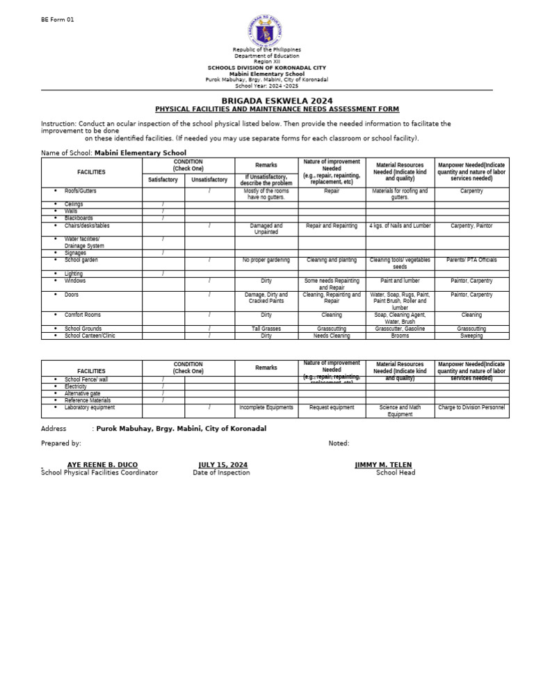 BE Form 1 PHYSICAL FACILITIES AND MAINTENANCE NEEDS ASSESSMENT FORM ...