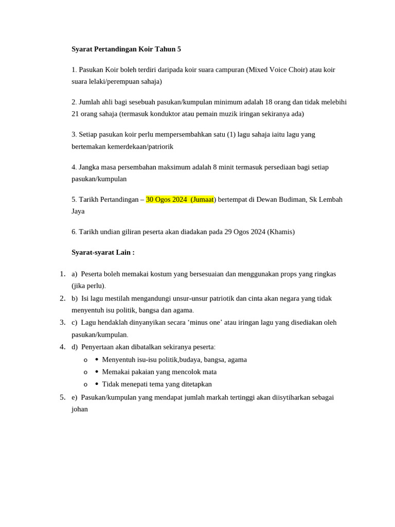 Syarat Pertandingan Koir Tahun 5 | PDF