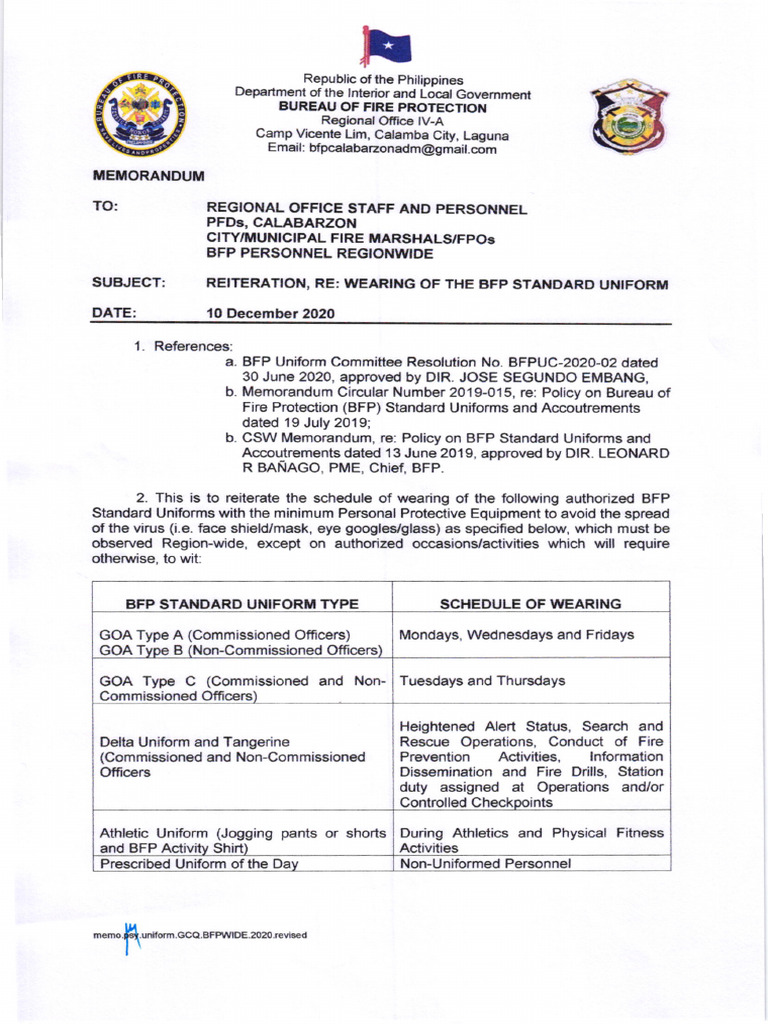 Memo Re Reiteration, Re Wearing of The BFP Standard Uniform DTD 10 ...
