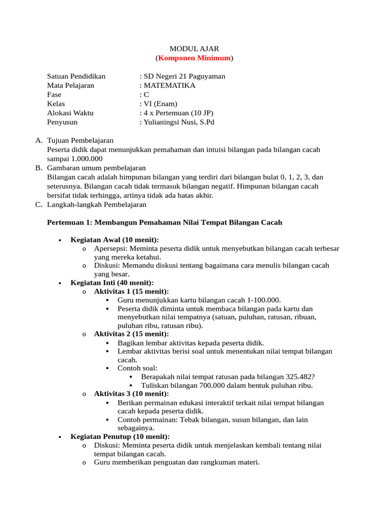 Modul Ajar Matematika Pertemuan 1-3 | PDF